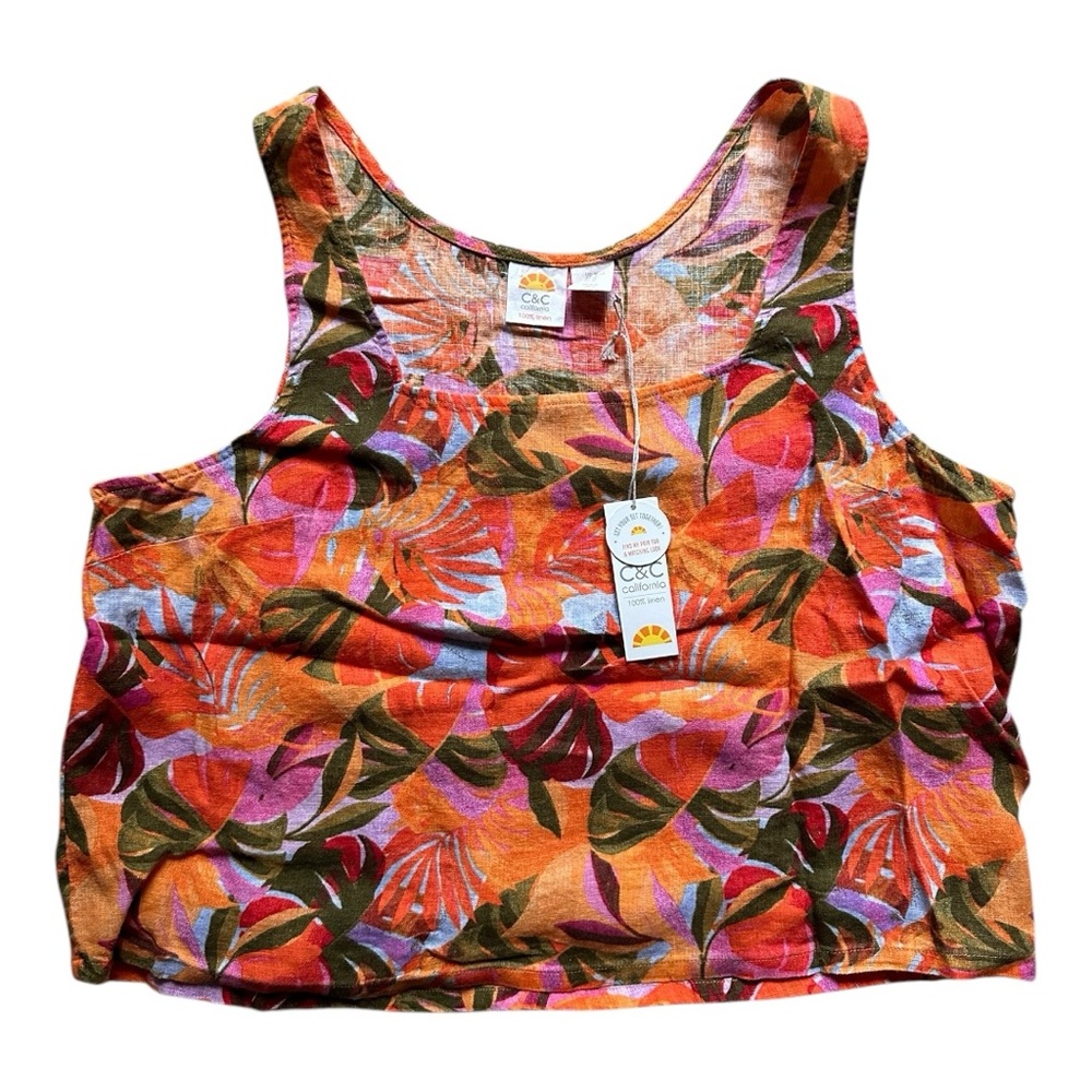 C&C California 100% Linen Orange and Pink Sleeveless Crop Tank Top